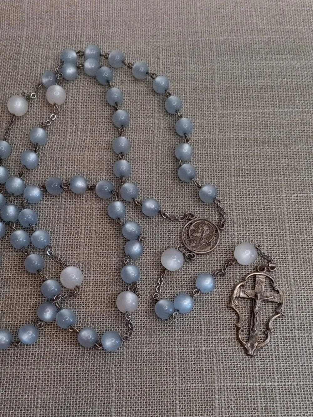 Sterling Silver Blue & White Beaded Rosary Necklace Vintage
